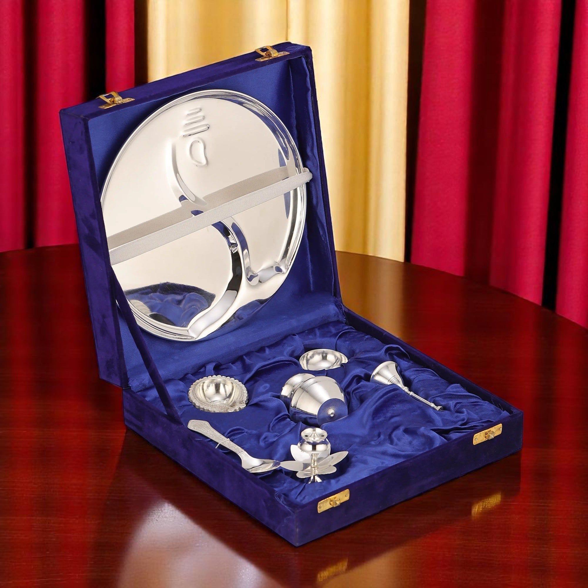 Brass Silver Pooja Thali Set Velvet Box for Rituals