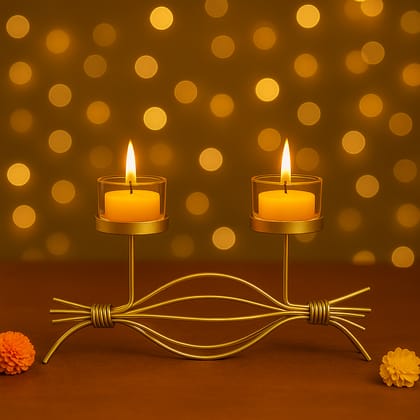 Coral Tree Golden Double T-Light Candle Holder with Glass Cups – Elegant Metal Candle Stand for Home Décor, Puja & Festive Lighting Coral Tree Golden Double T-Light Candle Holder with Glass Cups – Elegant Metal Candle Stand for Home Décor, Puja & Festive Lighting