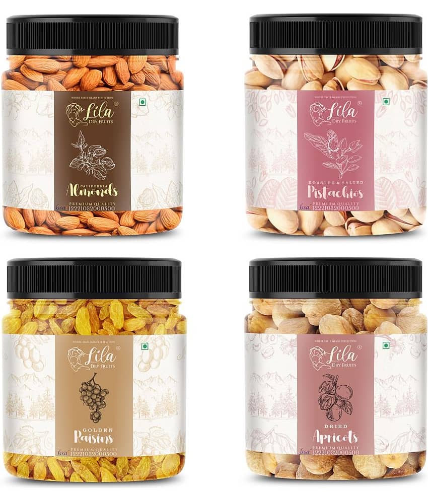 Lila Dry Fruits Almond(100gm), Salted Pista (100gm), Green Raisin (100gm) & Apricots(100 gm)