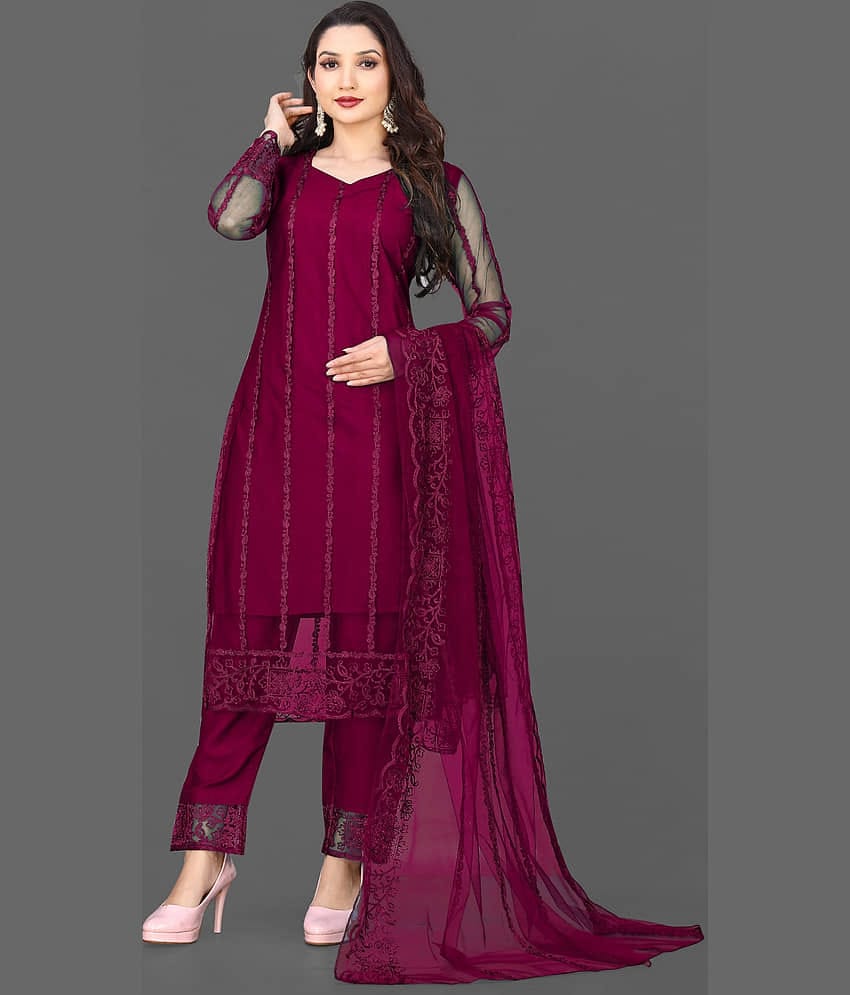 VARNI VESH Net Embroidered Kurti With Pants Women's Stitched Salwar Suit - Black ( Pack of 1 )