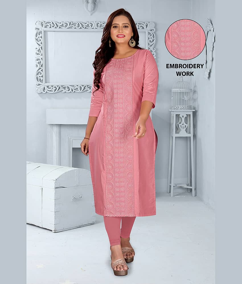 RIAANA Women Chanderi Embroidered Straight Kurti ( Pink )