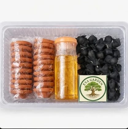 Shani Dev Diya (18 Pcs) with Sesame Oil, Black Cloth Wick Pouches Filled with Sesame Seeds & Matchbox, Terracotta Diyas for Saturday Pooja, Temple Use & Shani Dosh Relief Spiritual Kit
