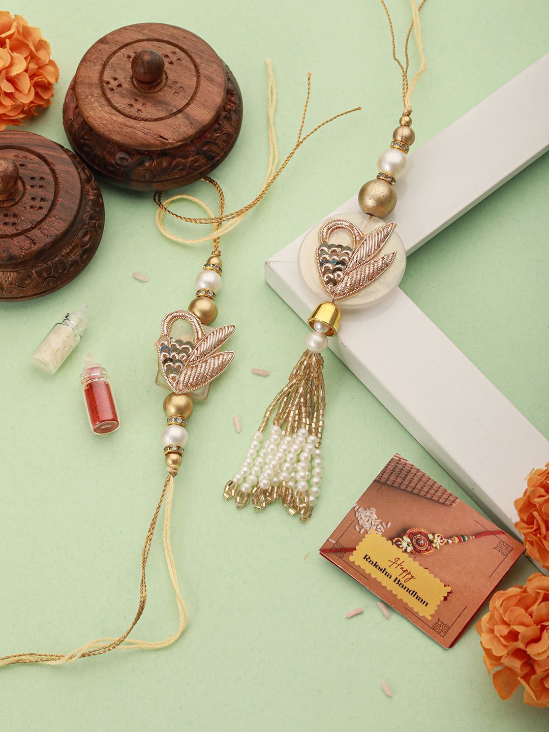 Set Of 2 Zardozi & Pearl Beaded  Ethnic Designer Lumba Rakhi Set With Roli Chawal