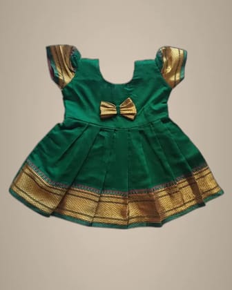 Mom And Me Green Acrylic Cotton Frock (0-3 Months) | Balloon Sleeves | Festive Wear