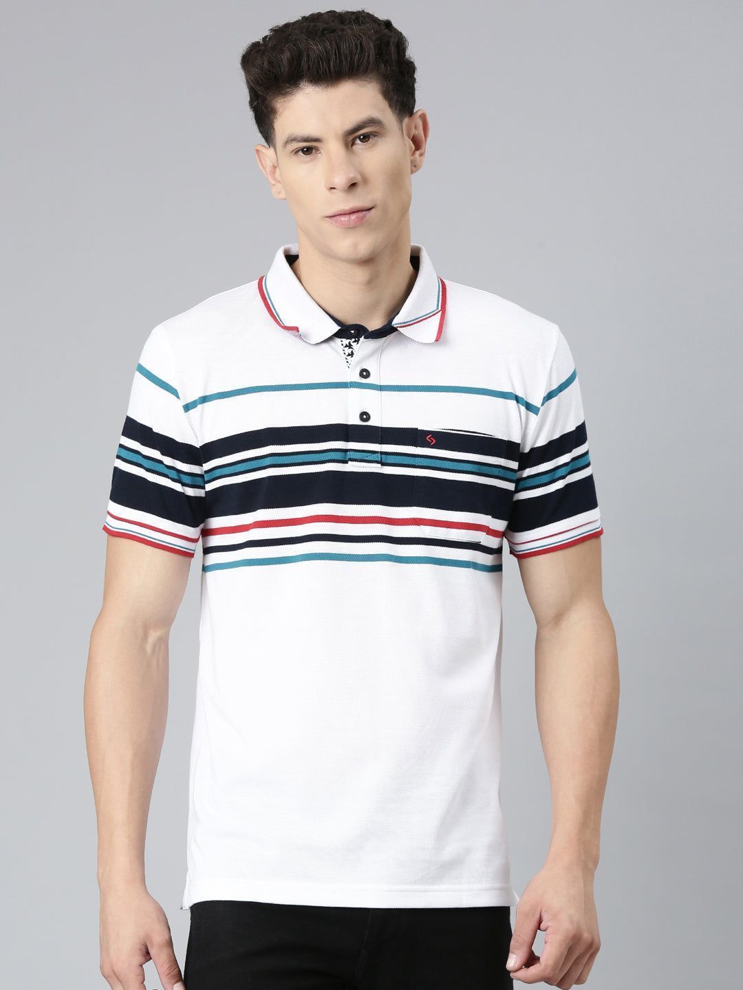 Classic Polo Mens Striped White Polo Neck Slim Fit T-Shirt | VTA - 261 A SF P