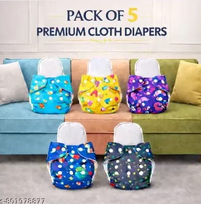 Pack of 5 with 5 Premium Insert Printed Cloth Diapers | Ultra Soft, Heavy Absorbency, Leakproof, Adjustable & Rash-Free Baby Nappies