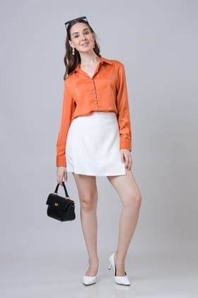 Plain Fire Orange Luxurious Satin Shirt For Women-XXS / Fire Orange / SH0009-PLLZ0021-NIL-2 MTR-NIL-NIL-NIL-NIL-THR010-FS001-NIL-BT0091-10-NIL-NIL-NIL