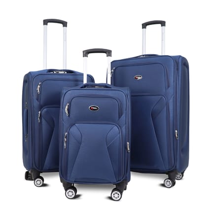 AMERICAN TRAVELLER Touris Bite 3-Piece Softside Trolley Luggage Set, 360 Spinner Wheels, Telescopic Handle, Front Pockets, Twill Fabric, Black, Navy Blue, Brown (3, Navy Blue, S,M,L)