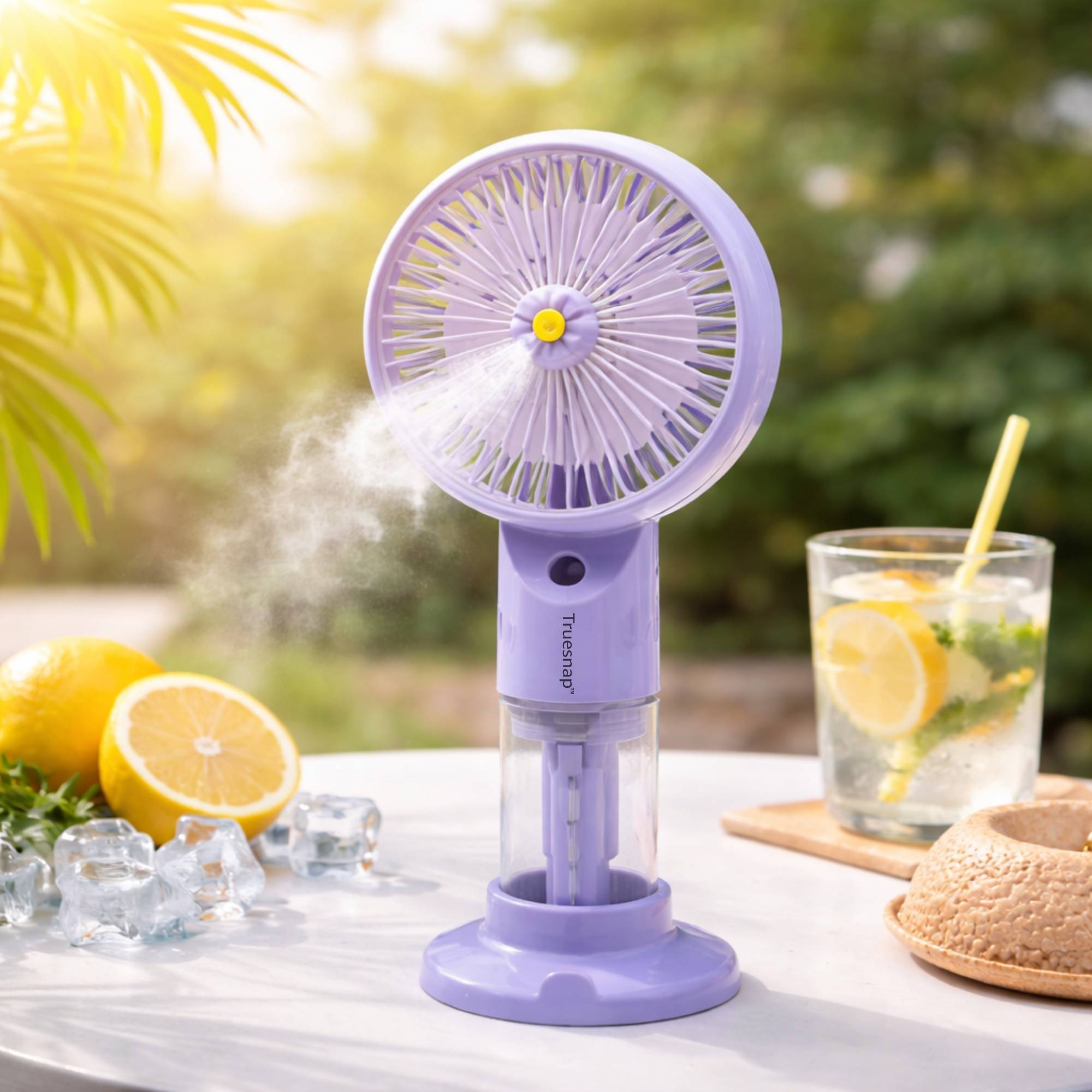 TrueSnap Spray Foldable Mini Handheld Fan USB Rechargeable, Portable Mist Cooling Fan, Compact Travel Desk Fan for Home, Office, Outdoor Summer Use - Purple