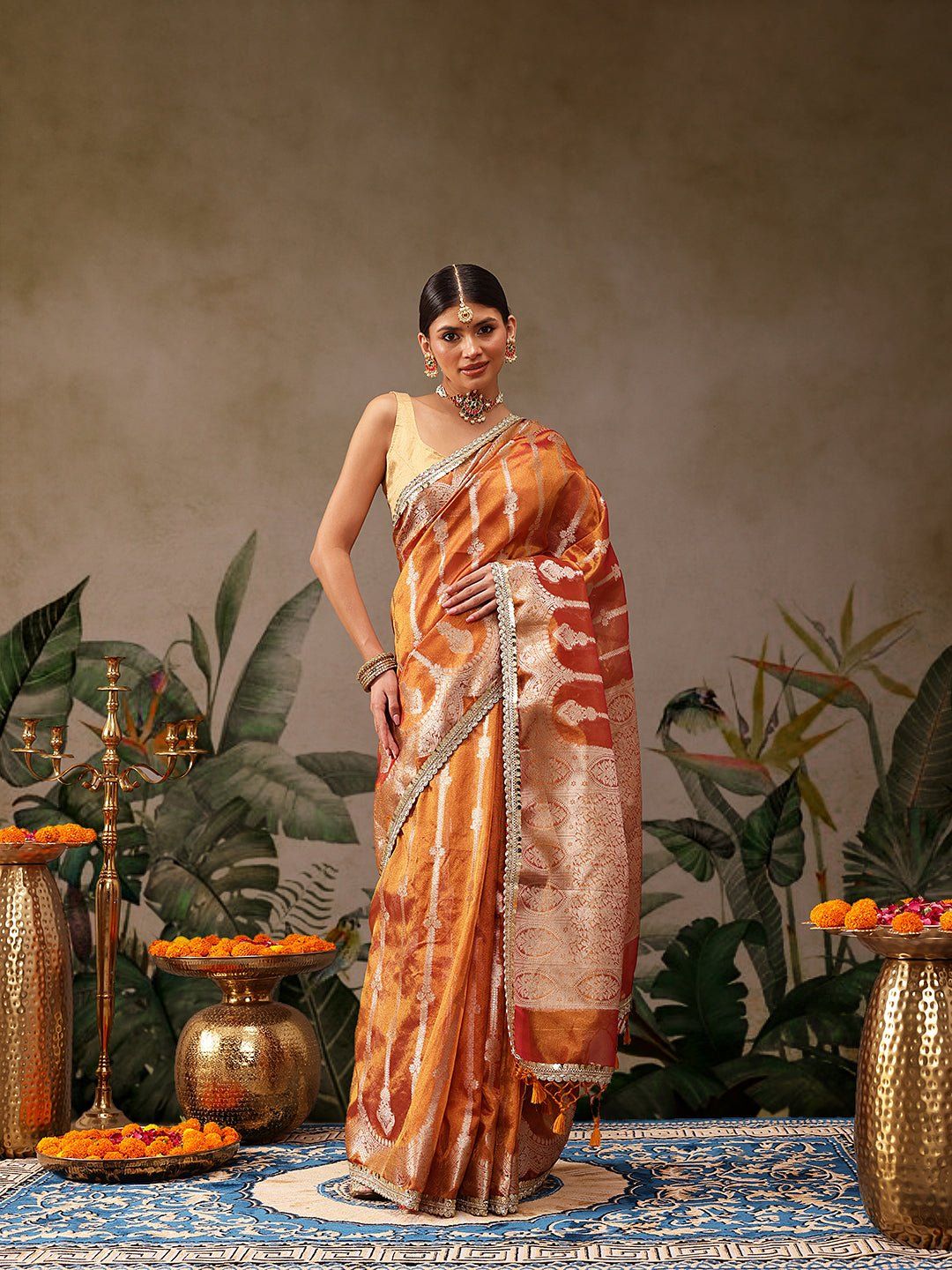 Orange Banarasi Tissue Silk Saree with Golden Zari