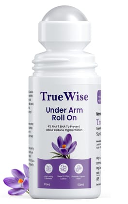 TrueWise® Underarm Roll On 50ml | 4% Aha Bha,2% Lactic Acid, 1% Mandelic Acid, 1% Salicylic Acid | Controls Odour & Reduces Pigmentation | 0% Aluminium & 0% Alcohol | Long Lasting Flora Fragrance TrueWise® Underarm Roll On 50ml | 4% Aha Bha,2% Lactic Aci