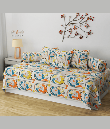 HIDECOR Cotton Floral Diwan Set 6 Pcs - Cream