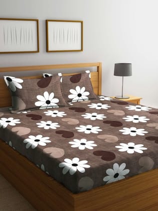 Brown & White Floral 300 TC King Bedsheet With 2 Pillow Covers