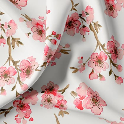 Beautiful Red Flowers over White Base Digital Printed Fabric-Polyester / Japan Satin / 110 CM | 43 Inch
