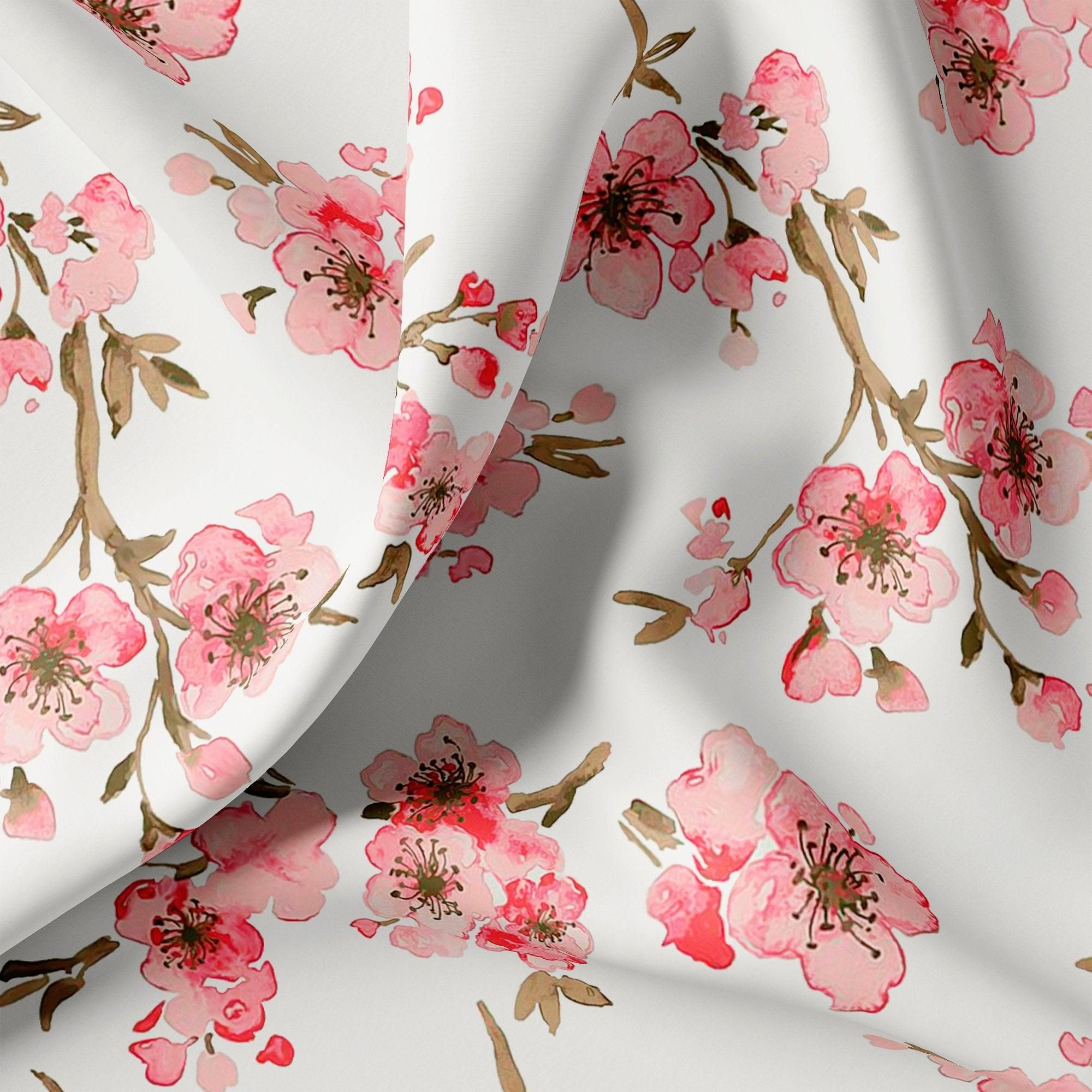 Beautiful Red Flowers over White Base Digital Printed Fabric-Polyester / Japan Satin / 110 CM | 43 Inch