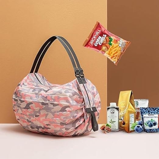 Unisex-Adult Portable Foldable Shopping Bag Large Capacity Multipurpose Storage Bag Sports Travel Shoulder Bag (Pink Camouflage)