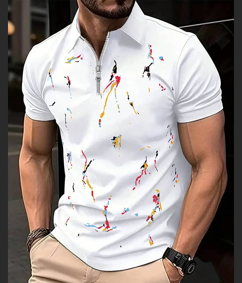 ENITOR Men Cotton Blend Regular Fit Printed Polo T Shirt ( White )