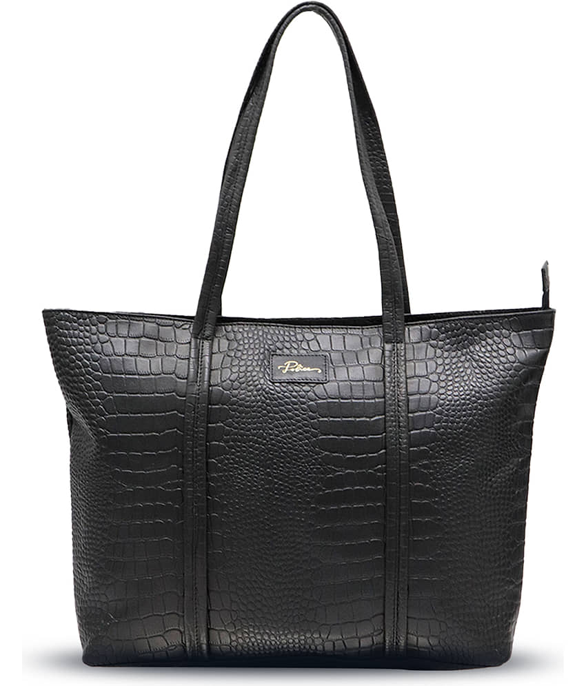 Police Tote Bag Pure Leather Set of 1 ( Black )