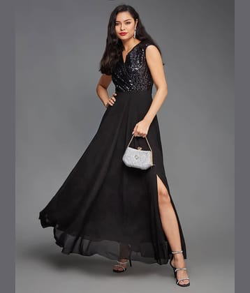 Miss Chase Women Polyester Solid Wrap Dress ( Black )