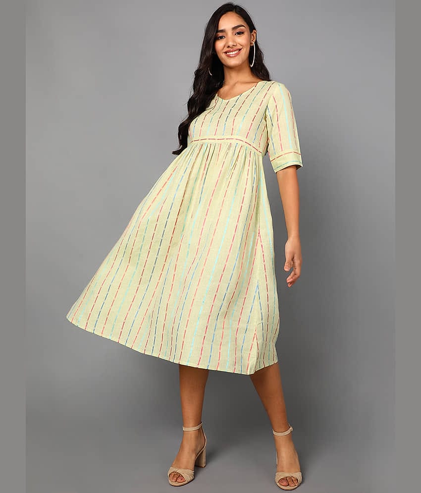 Vaamsi Cotton Printed Midi Women's A-line Dress - Cream ( Pack of 1 )