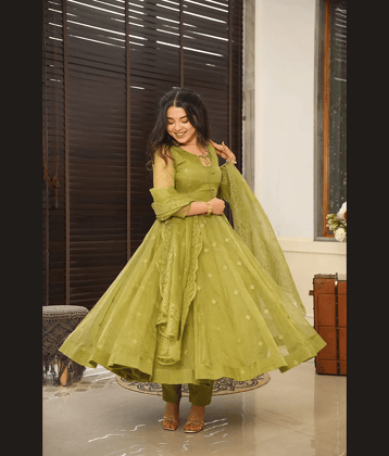 Estela Organza Embroidered Kurti With Pants Women's Stitched Salwar Suit - Green ( Pack of 1 )