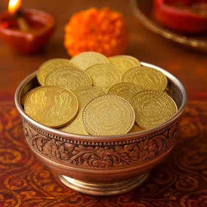 Lakshmi Ganesha & Shri Yantra Brass Coin (7 Pieces) � 32 mm Diameter � Lakshmi Ganesh Coins � Golden Finish Pocket Coins for Pooja, Temple & Business Growth � Energized Hindu Puja Coin for Wealth