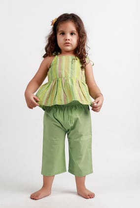 Set Of 2: Green Striped top and Green Pant-2-3Y