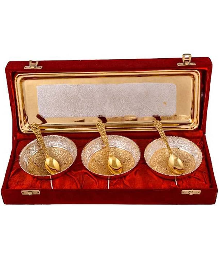 Urban hemlet Silver & Gold Plated 3 Heavy Flower Bowl With Spoon With Tray