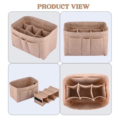 Multifunctional Makeup Bag Organizer For Handbag Travel Inner Purse Portable Cosmetic Bags/Desk Organizer/Wardrobe Organizer/( Size - Medium (13D x 23.5W x 15H C.M))-Beige