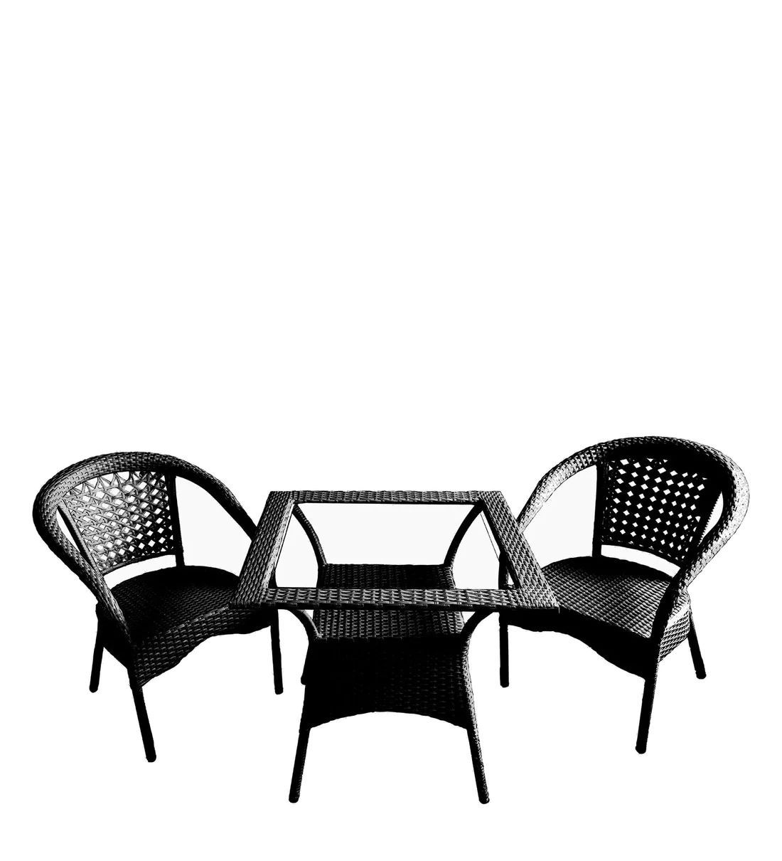 Wicker Outdoor Seating Set 2 Chairs And 1 Table Set For Garden and Living Room (BLACK)