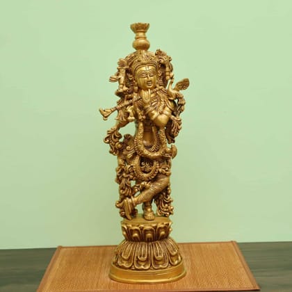 Brass Handmade Lord Krishna Statue Playing Flute - 21 inch Height Brass Handmade Lord Krishna Statue Playing Flute - 21 inch Height