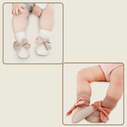 Pack of 2 Baby Bow Socks-0-6 Months- S / Coffee Milk & Peachy Orange