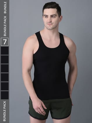 Men's Black Pack of 7 Solid Combed Cotton Vest