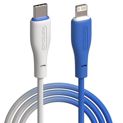 Portronics Hue X 20W Dual Tone Colour Type C to 8 Pin Fast Charging Cable for iPhones,,iPads, Laptops & Other 8 Pin Devices, 480Mbps Data Sync, Premium Braided Cable (White,Blue)
