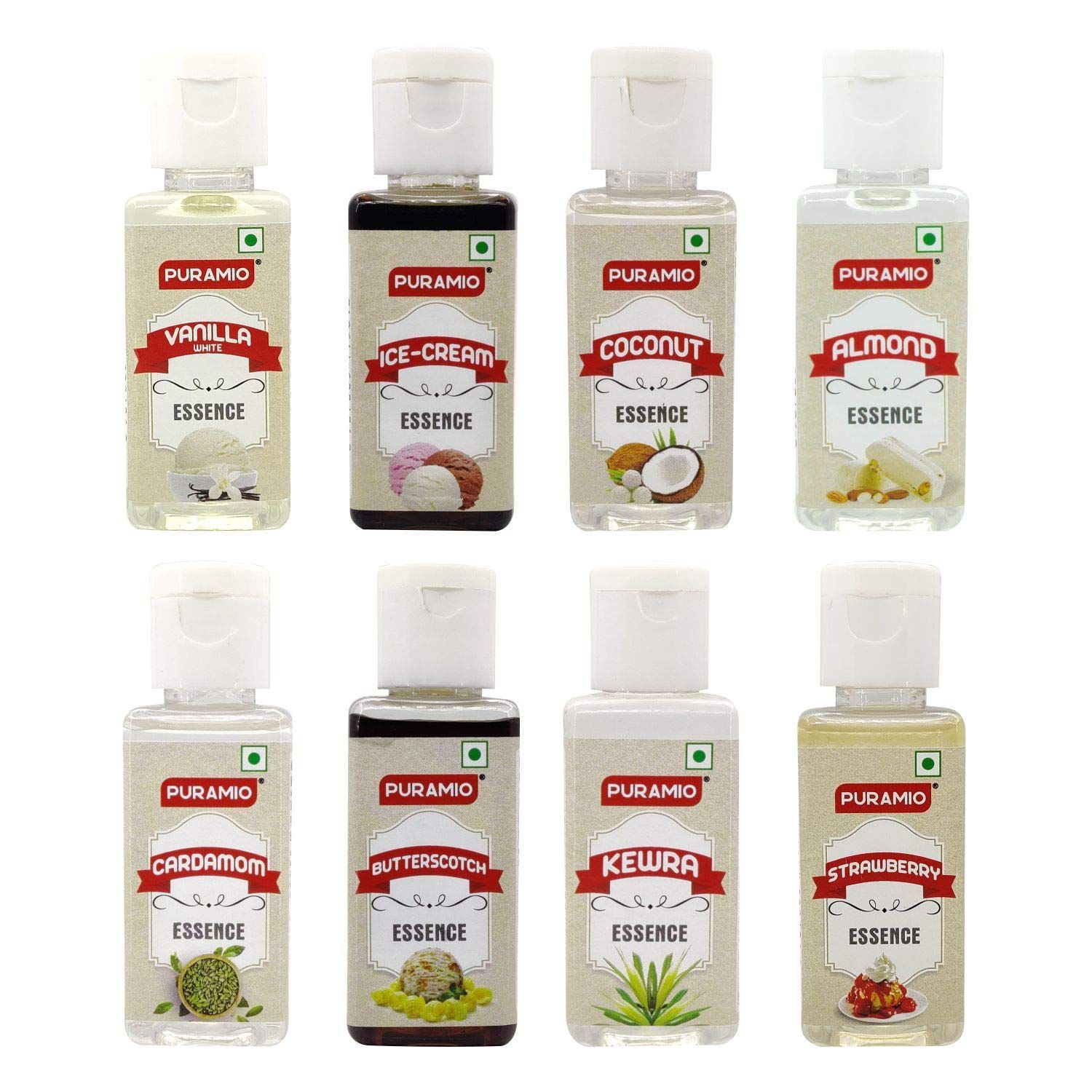Puramio Culinary Liquid Food Essence, (Vanilla White, Cardamom, Butterscotch, Kewra, Strawberry, Almond, Coconut, Ice Cream), 50 ml Each - Pack of 8