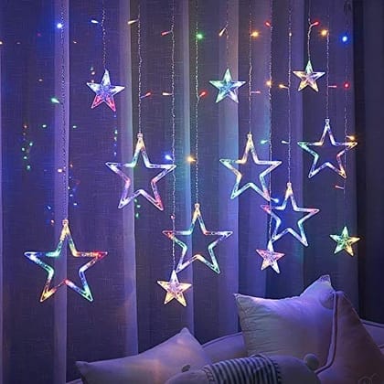 Plastic Multi Color Star Curtain Led Light For Diwali Christmas Wedding - 2.5 Meter (1 Curtain, 138 Led, 6+6 Star), Diwali Star Light Curtain, Diwali Led Lights, Best Gift For Diwali