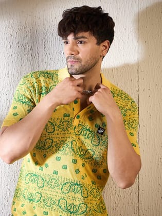 LEMON PAISLEY KNITTED POLO TSHIRT-L
