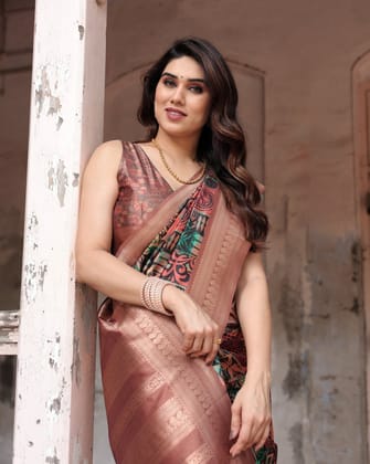 Multicolor Geometric Print Banarasi Silk Saree with Copper Zari Border-Regular