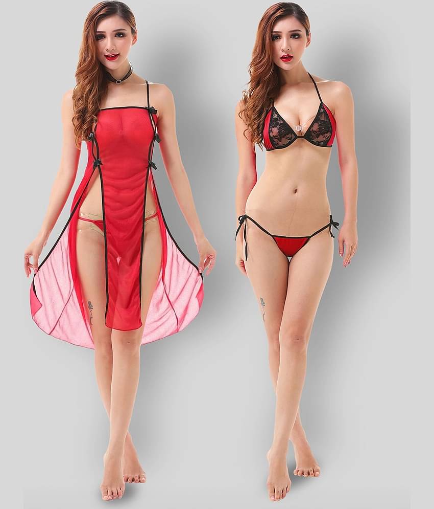 Finian - Multicolor Net Women's Nightwear Baby Doll Dresses With Panty