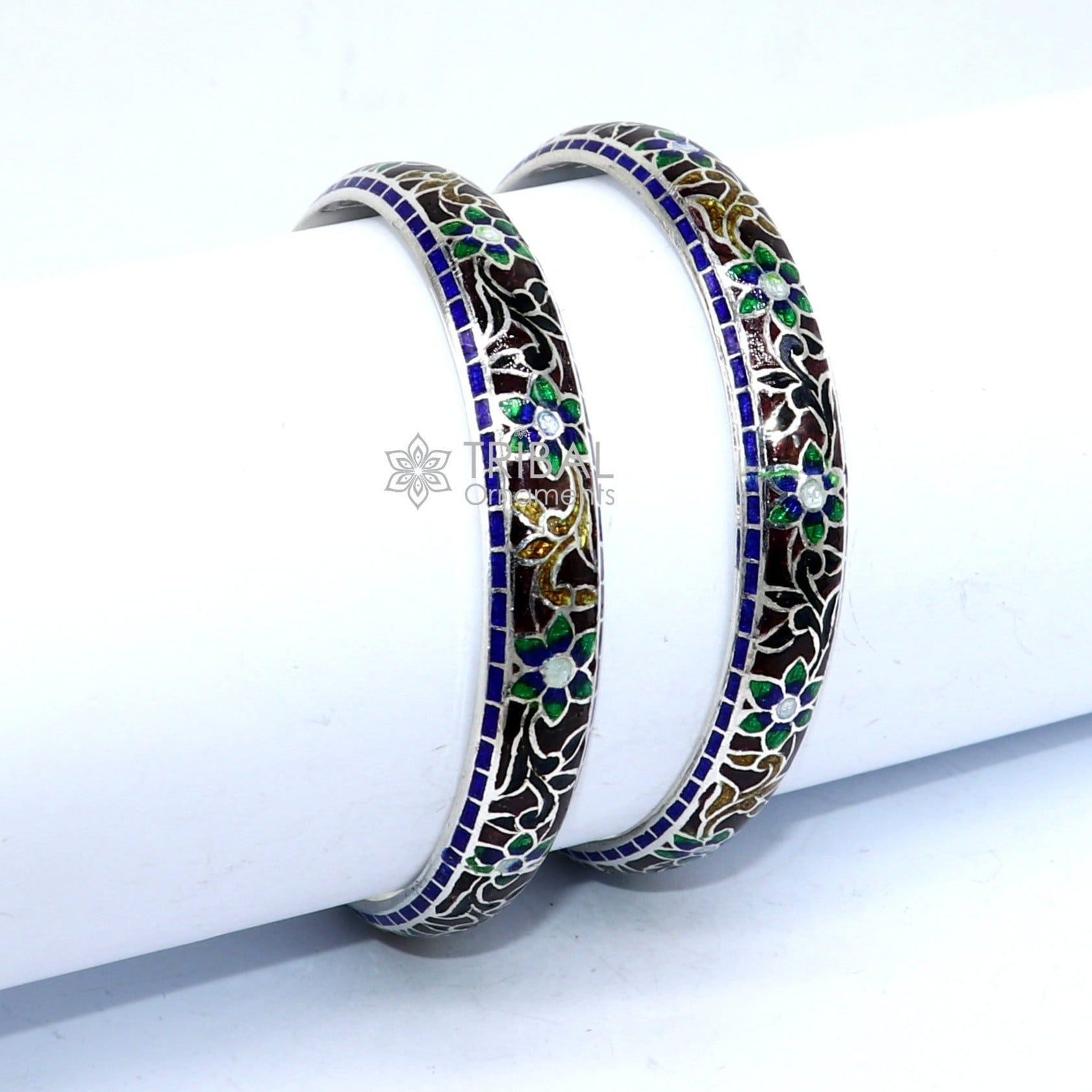 925 Sterling silver handmade amazing meenakari (color enamel )bangle bracelet floral design Cultral trendy style jewelry from india nba358-Single bangle