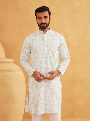 Men's Cotton Gold Sequinned Embroidered White & Green Kurta-36