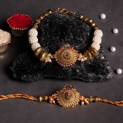 eCraftIndia Golden & White Bhaiya Bhabhi Rakhi Set