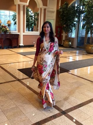Cream color Flowered Party wear Linen Digital Printed Sari 1281
