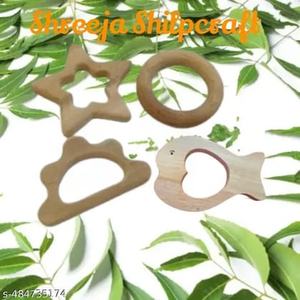 Neem wood teether safe for teething babies Completely Natural bpa free toys for 3 month + babies Pack of 4( Star ,Ring ,Cloud and Fish shape)