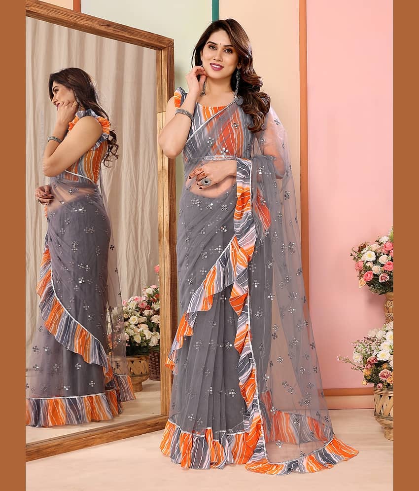 DIKONA DESIGNER Net Printed Saree With Unstitched Blouse Piece ( Yellow )