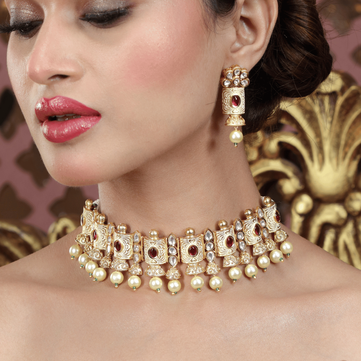 Ethnic Studded Enameled Necklace Set