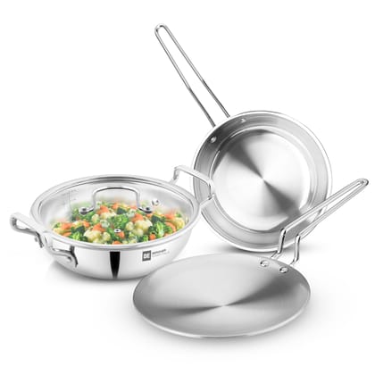 Bergner BE Essentials Triply Stainless Steel 4 Pcs Cookware Set - 24cm (3.1L) Kadai, 24cm Frypan, Common Flat Glass Lid, 26cm Roti Tawa, Less Oil Use, Even Heat Distribution - Full Induction Bottom