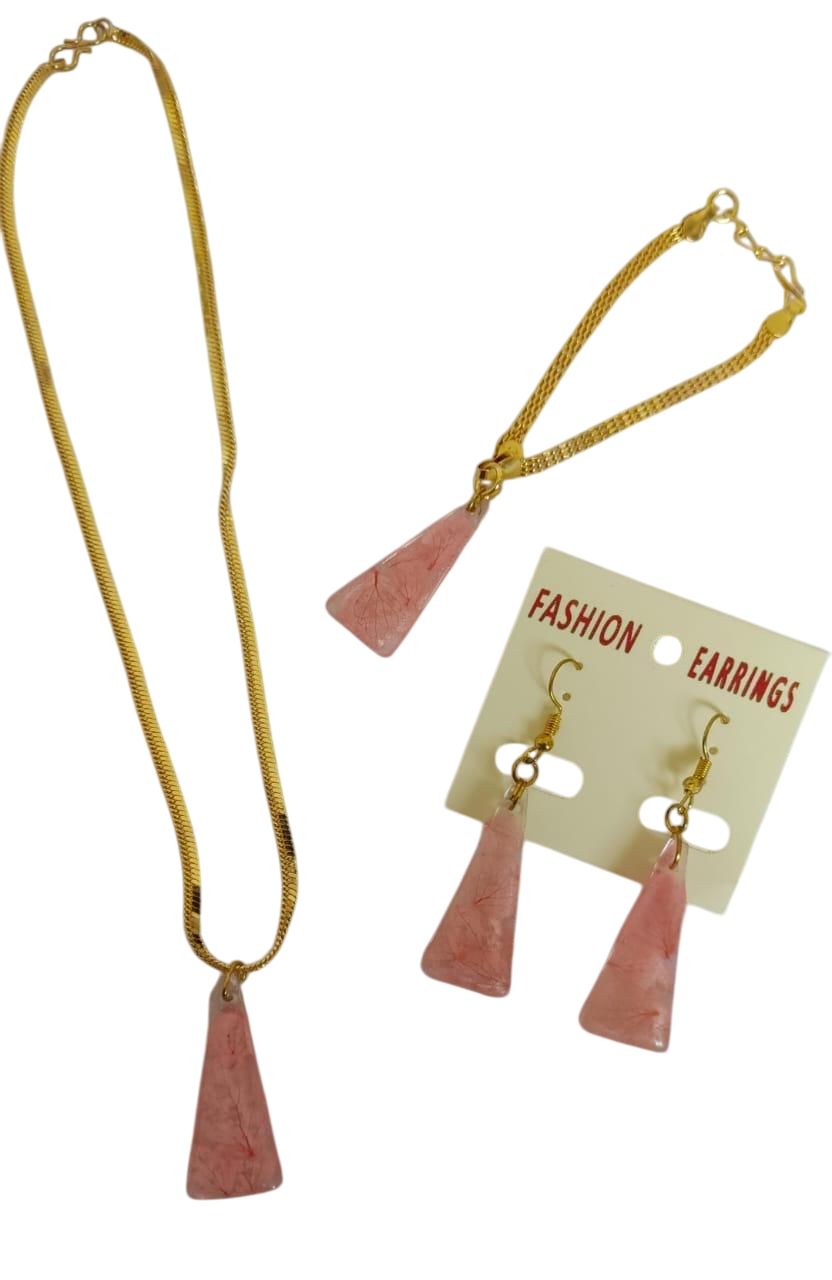 Nature-Inspired Pink Flower Resin Jewelry Set - Moon Pendant Necklace, Bracelet & Earrings