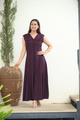 Wine A-line Sleevless Midi Dress-S