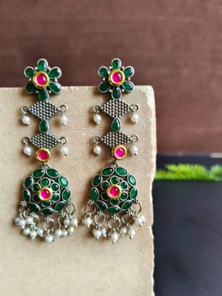 Elegant Silver Replica Dangler Earrings with Pearl & Kundan | Sarichka-Green+Red